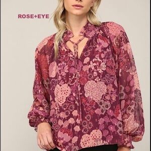 NWT Fate Pink Long Sleeve Tie Front Blouse with Mandarin Collar